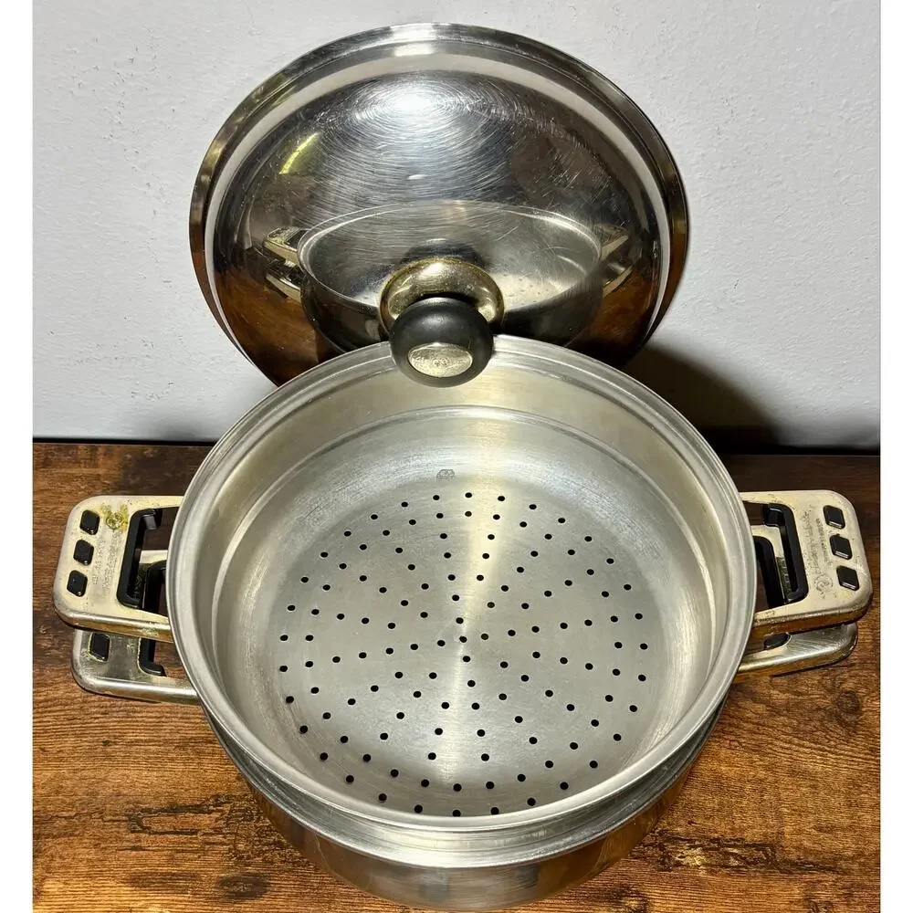 Vintage Sunhak Stainless Steel Lesstopia 3 Piece Steamer & Stock Pot 5 Qts